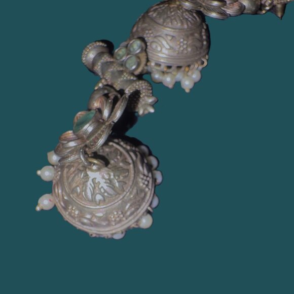 Handmade Silver Green Turquoise gems Jhumka Earrings with Pearl Accents EUC - Picture 7 of 12